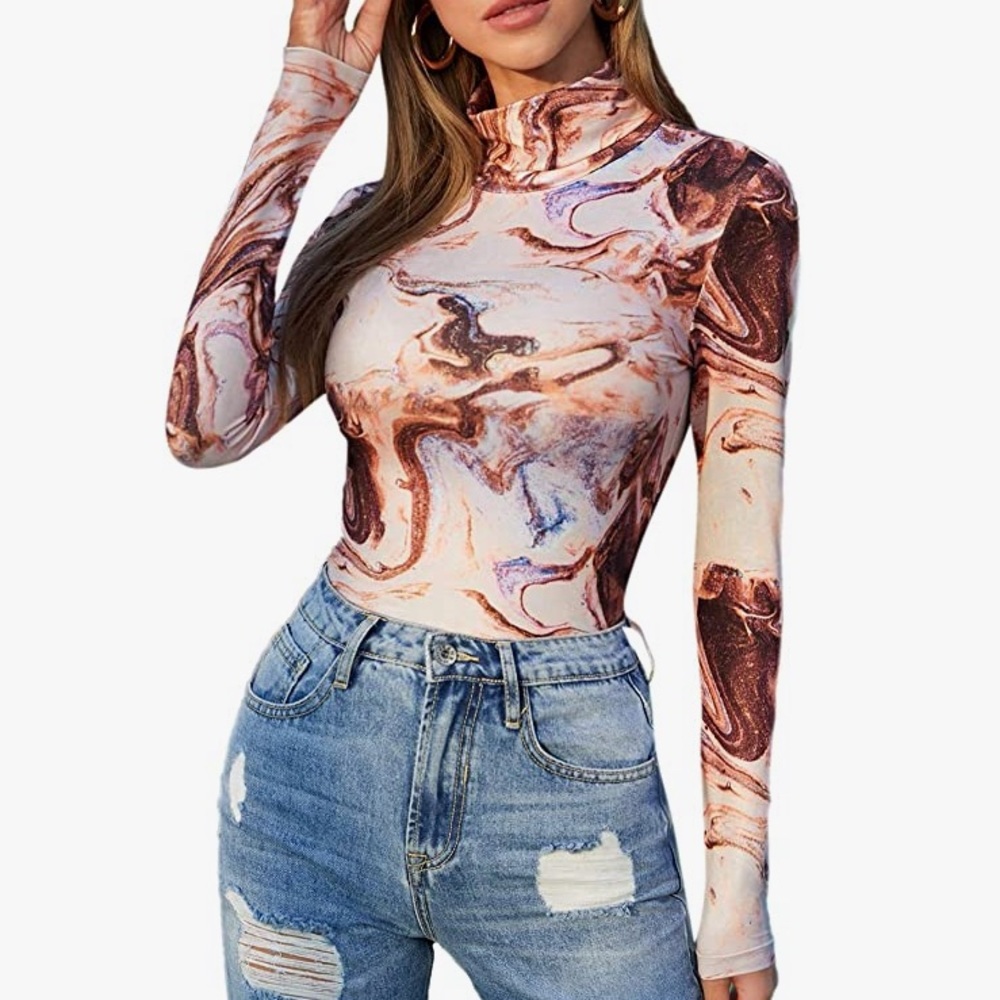 SheIn Women's Mock Neck Long Sleeve All Over Print Fitted Blouse Top Size Large
